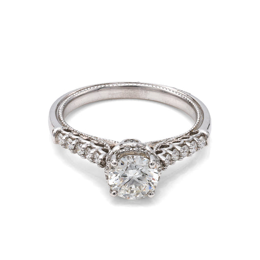 ReMARKable Designs - HEADQUARTERS - MONTGOMERYVILLE PA Side Stone Vintage Natural Diamond Complete Engagement Ring in 14 Karat White with 1 Round Diamond, Color: H, Clarity: SI2, totaling 0.76ctw