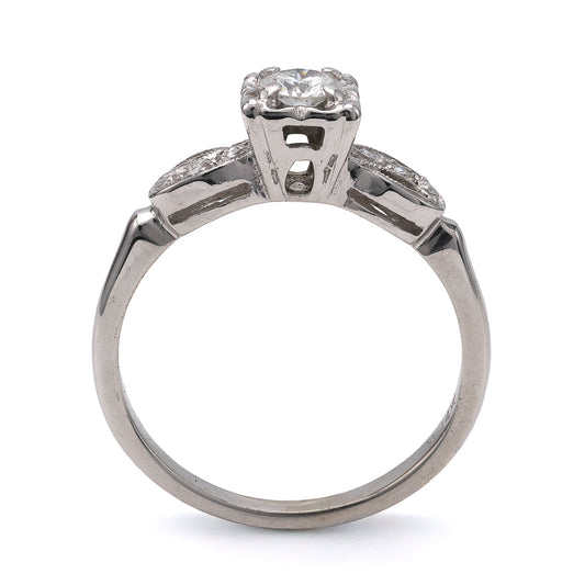 ReMARKable Estate Three Stone Vintage Natural Diamond Complete Engagement Ring in 18 Karat White Gold with 1 Round Diamond, Color: F, Clarity: VS2, totaling 0.20ctw, Size 5.75