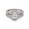 ReMarkable Estate Halo Side Stone Natural Diamond Complete Wedding Set in 14 Karat White Gold with 1 Pear Diamond, Color: H, Clarity: SI2, totaling 0.75ctw