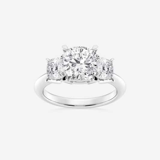 ReMARKable Designs Three Stone Lab-Grown Diamond Complete Engagement Ring in 14 Karat White Gold with 3.11ct Cushion Lab-Grown Diamonds, Clarity: VS1, Color: F