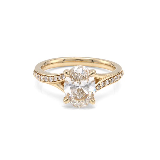 ReMARKable Designs Side Stone Lab-Grown Diamond Complete Engagement Ring in 14 Karat Yellow Gold with 2.10ct Oval Center Lab-Grown Diamond, Color: D, Clarity: VS1