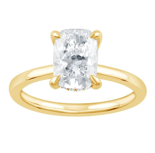 ReMARKable Designs Hidden Accent Lab-Grown Diamond Complete Engagement Ring in 14 Karat Yellow Gold with 2.04ct Elongated Cushion Center Lab-Grown Diamond, Color: F, Clarity: VS1