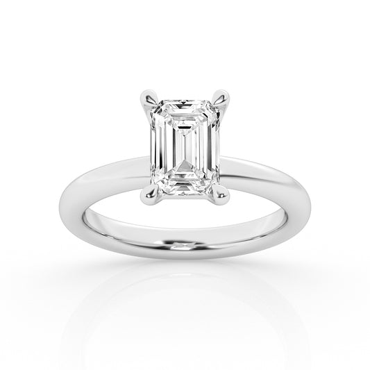 ReMARKable Designs Solitaire Lab-Grown Diamond Complete Engagement Ring in 14 Karat White Gold with 3.10ct Emerald Lab-Grown Diamond, Clarity: VS1, Color: G