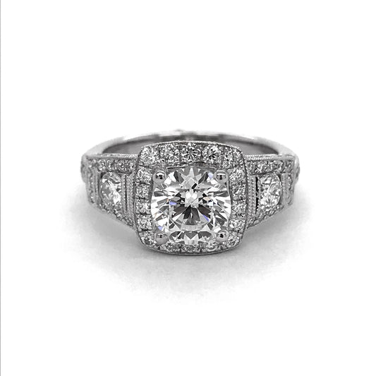 Fischer Jewelry Designs Halo Side Stone Natural Diamond Semi-Mount Engagement Ring in 14 Karat White Gold with 2 Round Diamonds, Clarity: SI2, Color: G/H, totaling 0.30ctw