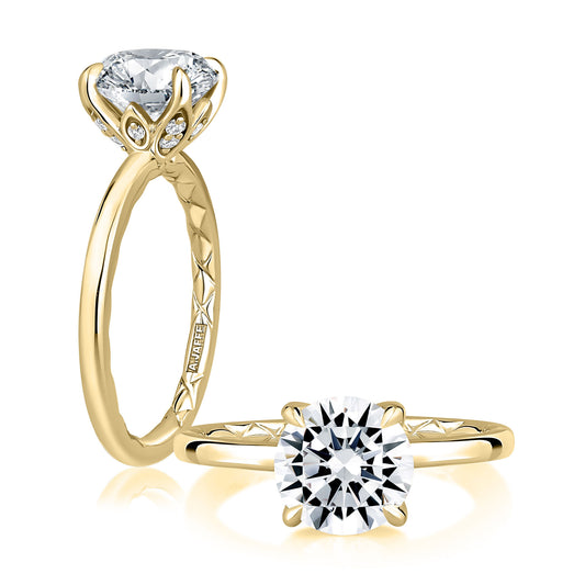 A. Jaffe Hidden Accent Solitaire Natural Diamond Semi-Mount Engagement Ring in 14 Karat Yellow Gold with 12 Round Diamonds, totaling 0.10ctw