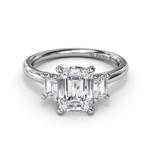 Fana Three Stone Natural Diamond Semi-Mount Engagement Ring in 14 Karat White Gold with 2 Emerald Diamonds, 0.40ctw