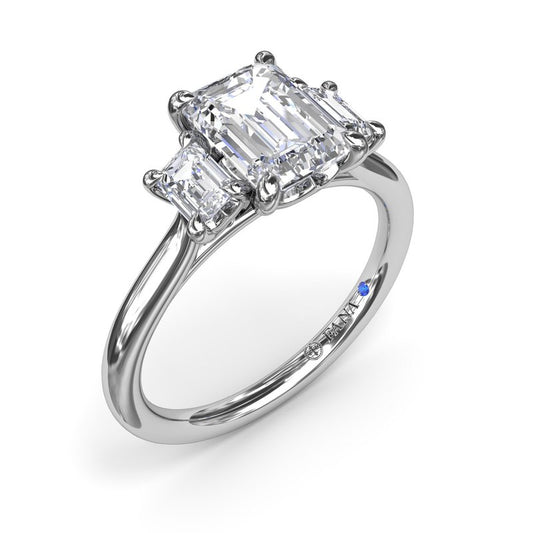 Fana Three Stone Natural Diamond Semi-Mount Engagement Ring in 14 Karat White Gold with 2 Emerald Diamonds, 0.40ctw