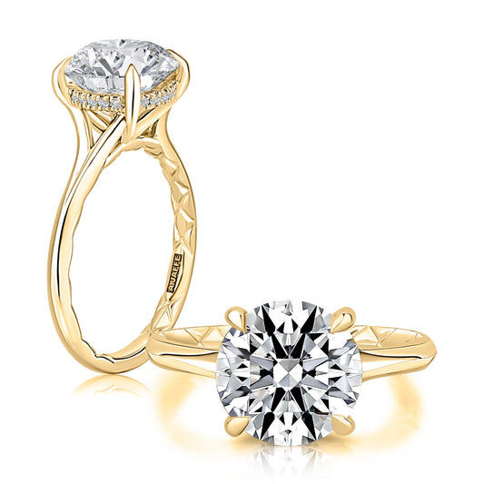 A. Jaffe Hidden Accent Natural Diamond Semi-Mount Engagement Ring in 14 Karat Yellow Gold with 20 Round Diamonds, Color: G, Clarity: SI1-SI2, totaling 0.08ctw