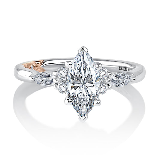 A. Jaffe Side Stone Natural Diamond Semi-Mount Engagement Ring in 14 Karat White Gold with 6 Oval Diamonds, Color: G, Clarity: SI1-SI2, totaling 0.60ctw