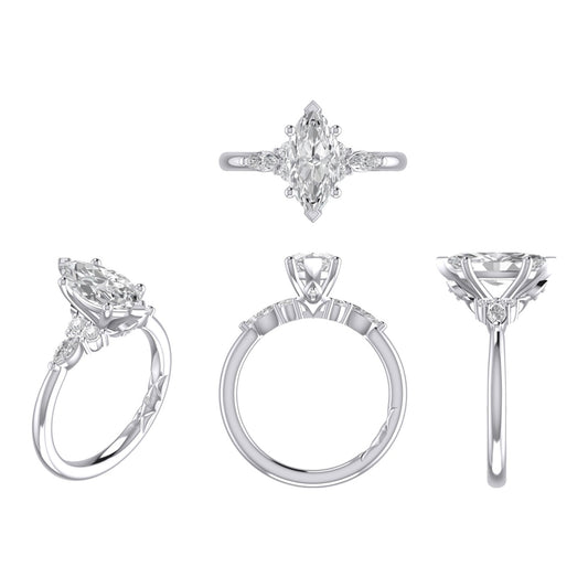 A. Jaffe Side Stone Natural Diamond Semi-Mount Engagement Ring in 14 Karat White Gold with 6 Oval Diamonds, Color: G, Clarity: SI1-SI2, totaling 0.60ctw