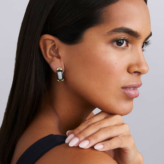 LAGOS Black Caviar Collection Natural Diamond Huggie Earrings in Sterling Silver - Ceramic White-Yellow-Black with 0.646ctw Round Diamonds, Clarity: SI1-SI2, Color: G/H