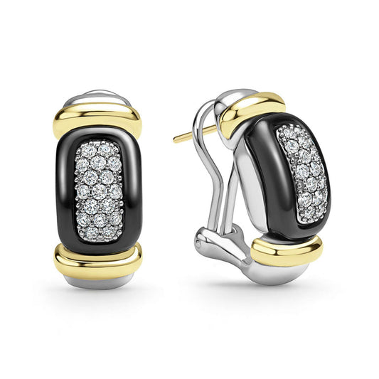 LAGOS Black Caviar Collection Natural Diamond Huggie Earrings in Sterling Silver - Ceramic White-Yellow-Black with 0.646ctw Round Diamonds, Clarity: SI1-SI2, Color: G/H