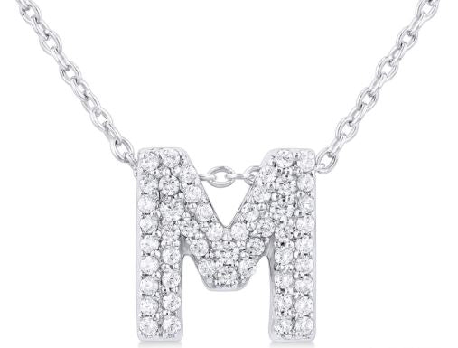 Initial "M" diamond necklace in white gold.