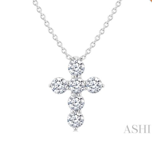Cross necklace with round diamonds in white gold.