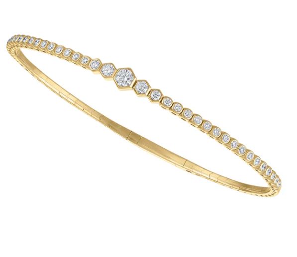 14K yellow gold bangle with round diamonds.