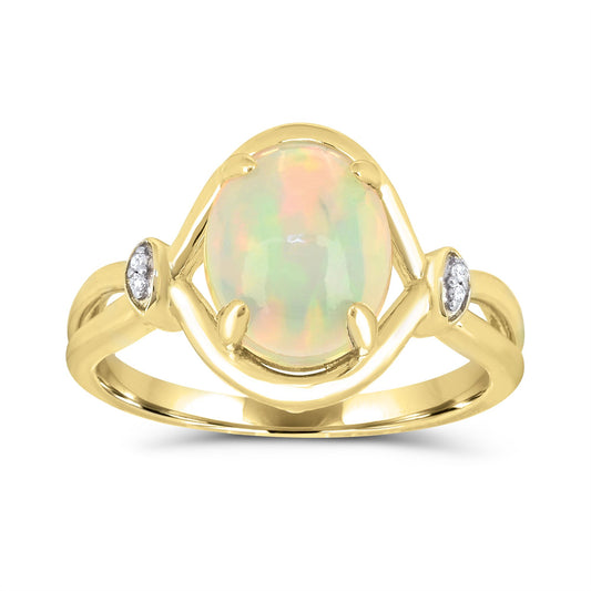 Oval opal ring with diamonds, yellow gold.
