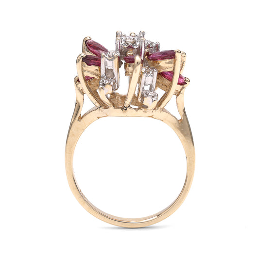 Marks Estate Dept 1 Estate Collection Color Gemstone Ring in 14 Karat Yellow Gold with 8 Marquise Purple Red Rubies 1.45ctw 5mm, Size 6.25