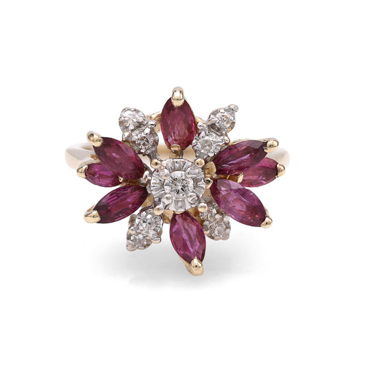 Marks Estate Dept 1 Estate Collection Color Gemstone Ring in 14 Karat Yellow Gold with 8 Marquise Purple Red Rubies 1.45ctw 5mm, Size 6.25
