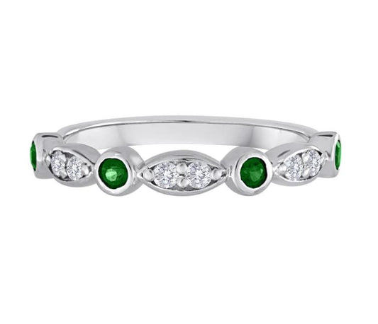 14K white gold band with emeralds, diamonds.