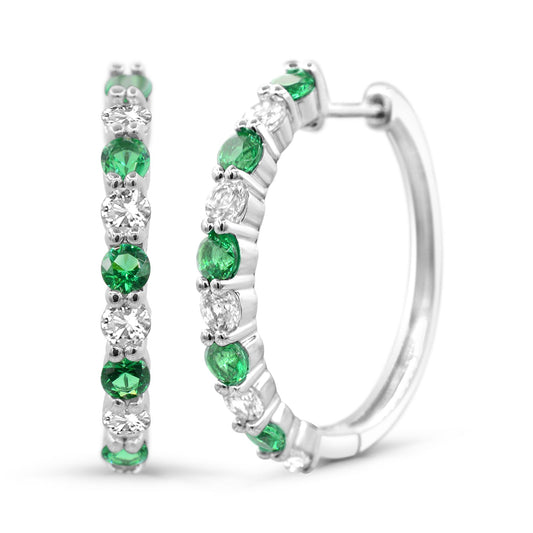 ReMARKable Designs Medium Hoop Simulated Emerald Earrings in Sterling Silver White with 10 Round Simulated Emeralds 1.50ctw