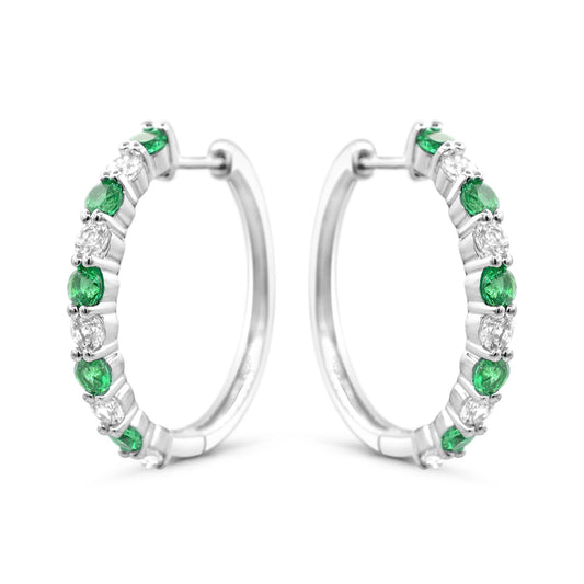 ReMARKable Designs Medium Hoop Simulated Emerald Earrings in Sterling Silver White with 10 Round Simulated Emeralds 1.50ctw