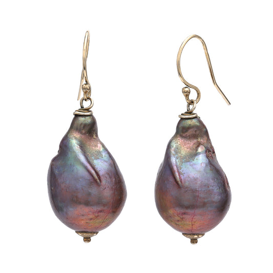 Marks Estate Dept 1 Estate Collection Dangle Color Gemstone Earrings in 14 Karat Yellow Gold with 2 Baroque Pearls