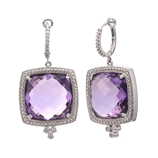 ReMARKable Designs Dangle Color Gemstone Earrings in 14 Karat White with 2 Square Cushion Purple Amethysts 31.00ctw 16.4mm