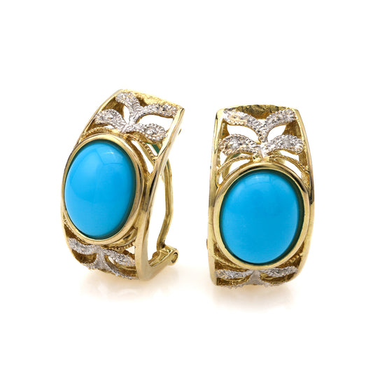 Marks Estate Dept 1 Estate Collection Huggie Color Gemstone Earrings in 14 Karat Yellow Gold with 2 Oval Blue Turquoises