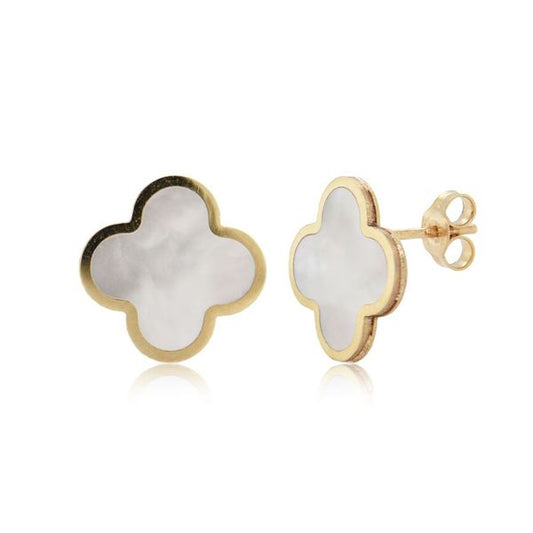 ReMARKable Designs Stud Color Gemstone Earrings in 14 Karat Yellow Gold with 2 Clover Mother Of Pearls