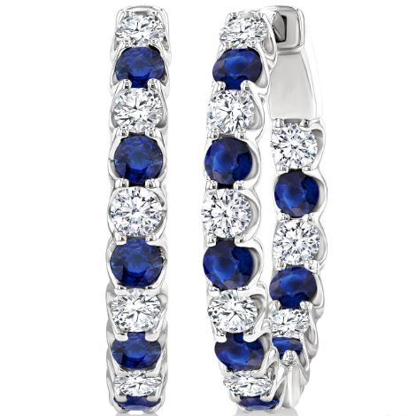 ReMARKable Designs Medium Hoop Sapphire Earrings in 14 Karat White Gold with 16 Round Sapphires 2.5mm