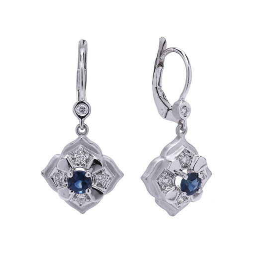 ReMARKable Estate Dangle Sapphire Earrings in 18 Karat White Gold with 2 Round Sapphires 0.50ctw