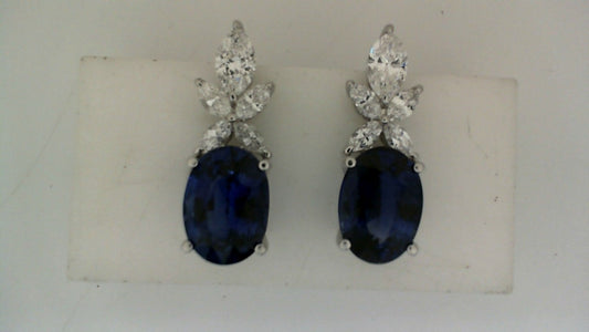 Drop Color Gemstone Earrings in 18 Karat White with 2 Oval Blue Sapphires 10.51ctw