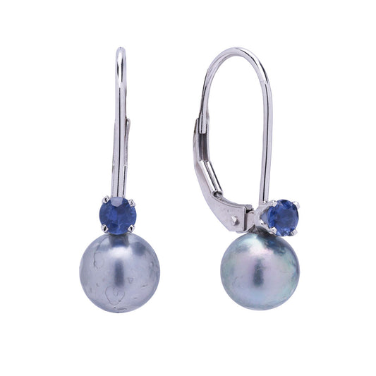 ReMARKable Estate Dangle Color Gemstone Earrings in 14 Karat White Gold with 2 Round Grey Pearls