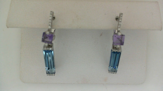 ReMARKable Designs Blue Topaz Drop Earrings in 14 Karat White Gold with 2 Baguette Stones