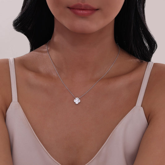 Lafonn Clover Mother of Pearl Color Gemstone Necklace in Platinum Bonded Sterling Silver