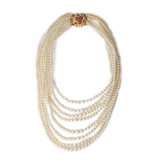 Rose gold necklace with multi-strand cultured pearls.