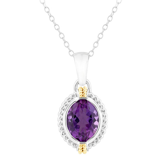 ReMARKable Designs Oval Amethyst Color Gemstone Pendant Necklace in Sterling Silver with 18 Karat White Yellow Gold