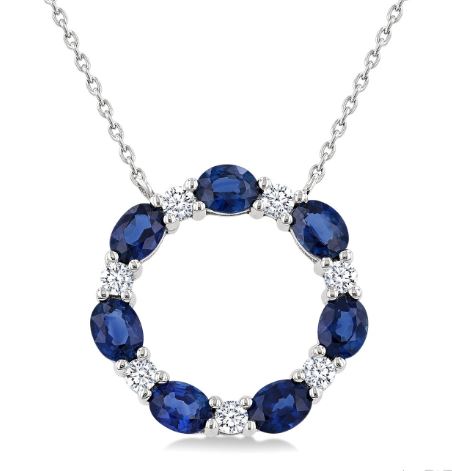 ReMARKable Designs Circle Necklace in 14 Karat White Gold with 7 Oval Sapphires 4mm, Cable Link Chain, Lobster Claw Clasp