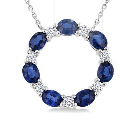ReMARKable Designs Circle Necklace in 14 Karat White Gold with 7 Oval Sapphires 4mm, Cable Link Chain, Lobster Claw Clasp