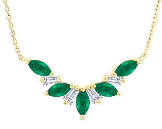 ReMARKable Designs Circle Necklace in 14 Karat Yellow Gold with 5 Marquise Emeralds, Cable Link Chain, Lobster Claw Clasp