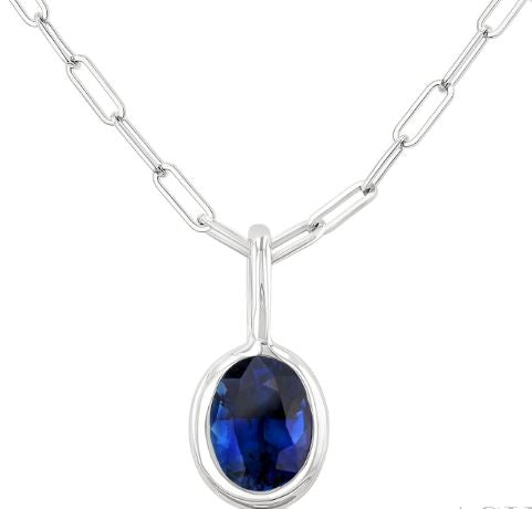 ReMARKable Designs Oval Sapphire Pendant Necklace in 14 Karat White Gold with 6mm Sapphire, Paperclip Chain, Lobster Claw Clasp