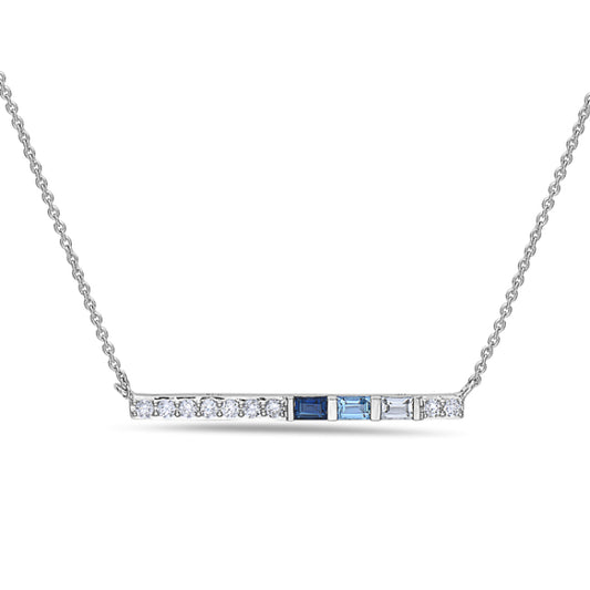ReMARKable Designs Bar Necklace in 14 Karat White Gold with 1 Emerald Sapphire 0.11ctw, Cable Link Chain, Lobster Claw Clasp