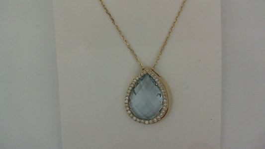 ReMARKable Designs Pendant Blue Topaz Color Gemstone Necklace in 14 Karat Yellow Gold with 1 Pear Blue Topaz 6.16ctw