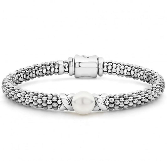 LAGOS Luna Collection Caviar Rope Color Gemstone Bracelet in Sterling Silver White with 1 Freshwater Pearl 8mm-8mm