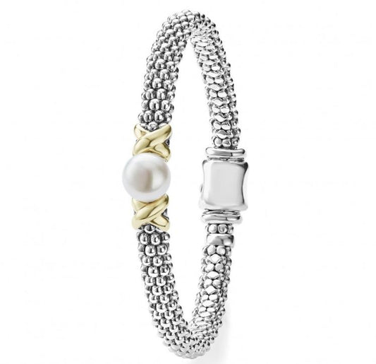 LAGOS Luna Collection Freshwater Pearl Color Gemstone Bracelet in Sterling Silver with 18 Karat White Yellow Gold and 1 Freshwater Pearl 8mm