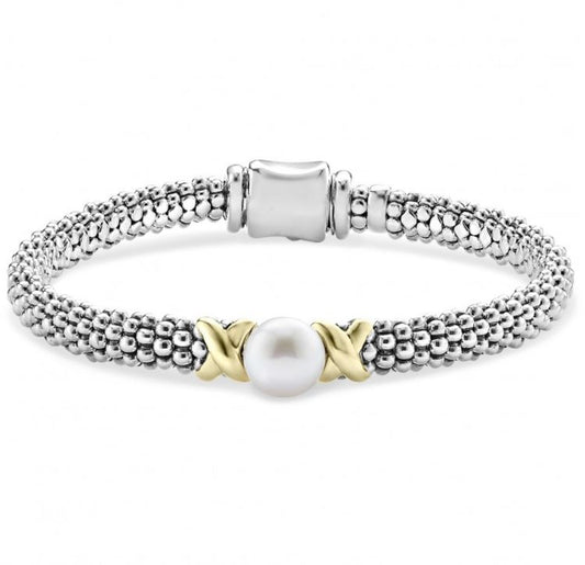 LAGOS Luna Collection Freshwater Pearl Color Gemstone Bracelet in Sterling Silver with 18 Karat White Yellow Gold and 1 Freshwater Pearl 8mm