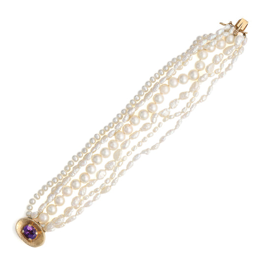 Marks Estate Dept 1 Estate Collection Pearl Strand Color Gemstone Bracelet in 14 Karat Yellow Gold with 1 Oval Amethyst 10mm-10mm