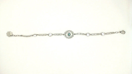 Stainless steel bracelet with central gemstone.