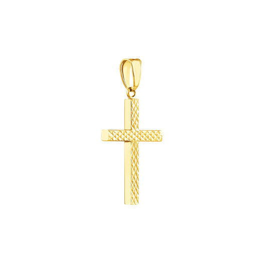 14K yellow gold textured cross pendant.