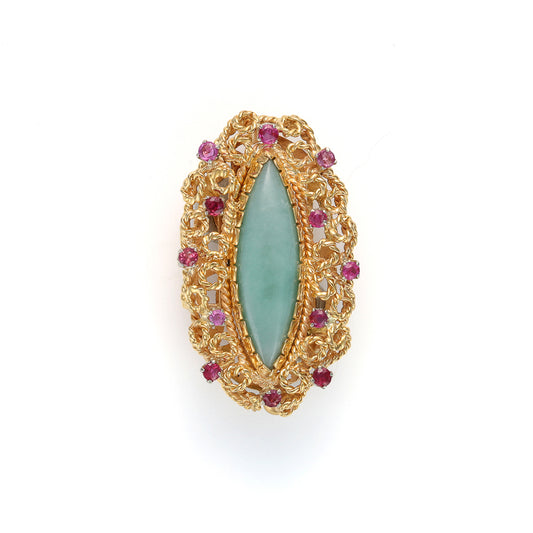 Marks Estate Dept 1 Filigree Jade and Ruby Pin in 14K Yellow Gold
